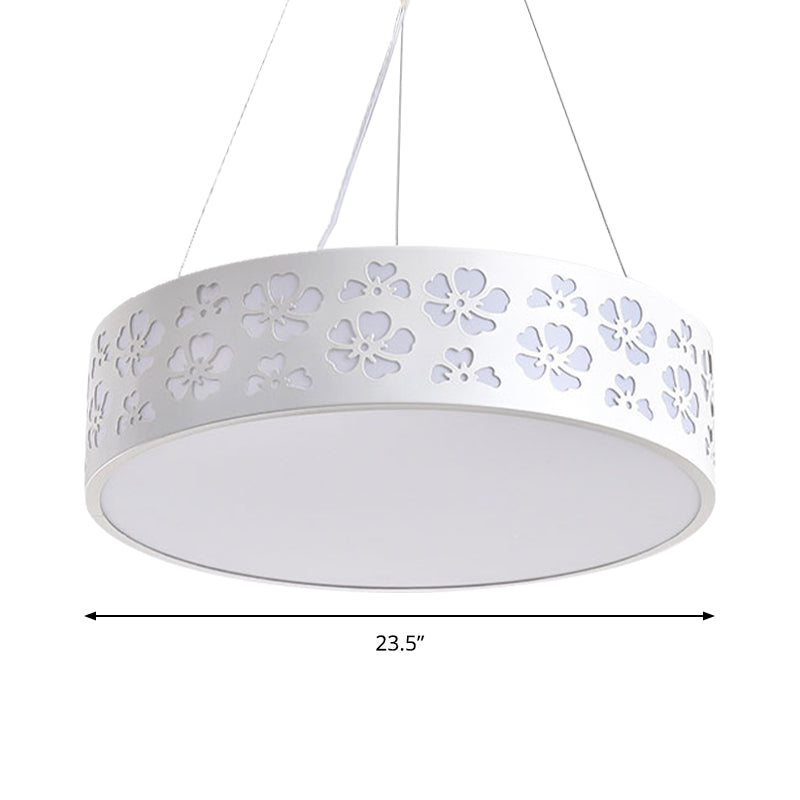 Drum Hanging Light Nordic Metal LED White Ceiling Light with Etched Flower in White/Warm/Natural Light, 12"/15"/19" Wide Clearhalo 'Ceiling Lights' 'Modern Pendants' 'Modern' 'Pendant Lights' 'Pendants' Lighting' 158852