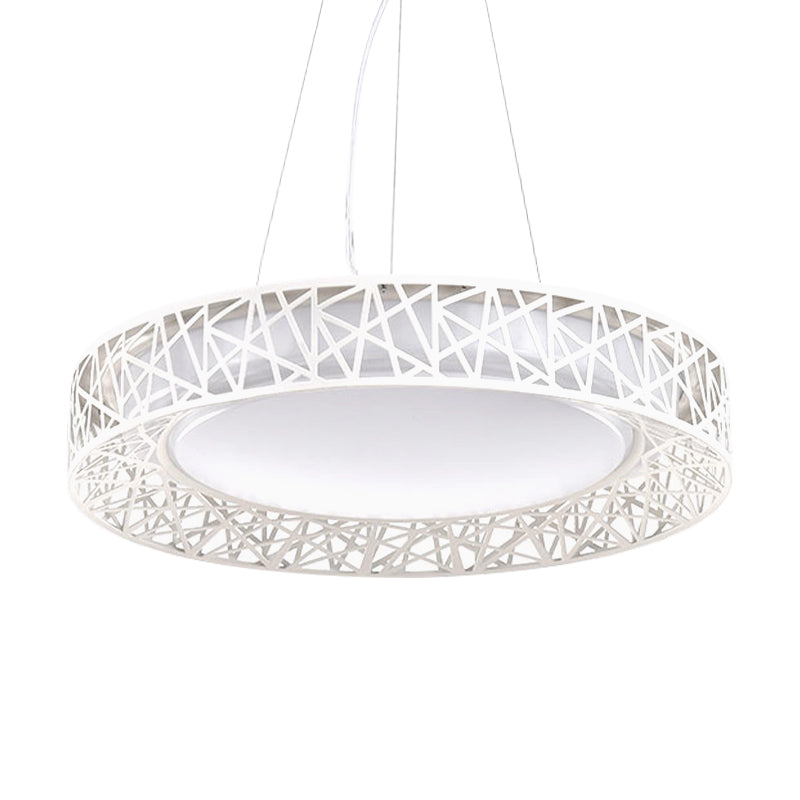 Drum Hanging Pendant Light Nordic Metal LED White Ceiling Light with Hollow Design in White/Warm/Natural Light, 12"/15"/19" Wide Clearhalo 'Ceiling Lights' 'Modern Pendants' 'Modern' 'Pendant Lights' 'Pendants' Lighting' 158934