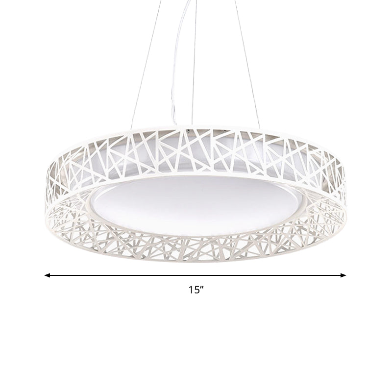 Drum Hanging Pendant Light Nordic Metal LED White Ceiling Light with Hollow Design in White/Warm/Natural Light, 12"/15"/19" Wide Clearhalo 'Ceiling Lights' 'Modern Pendants' 'Modern' 'Pendant Lights' 'Pendants' Lighting' 158936