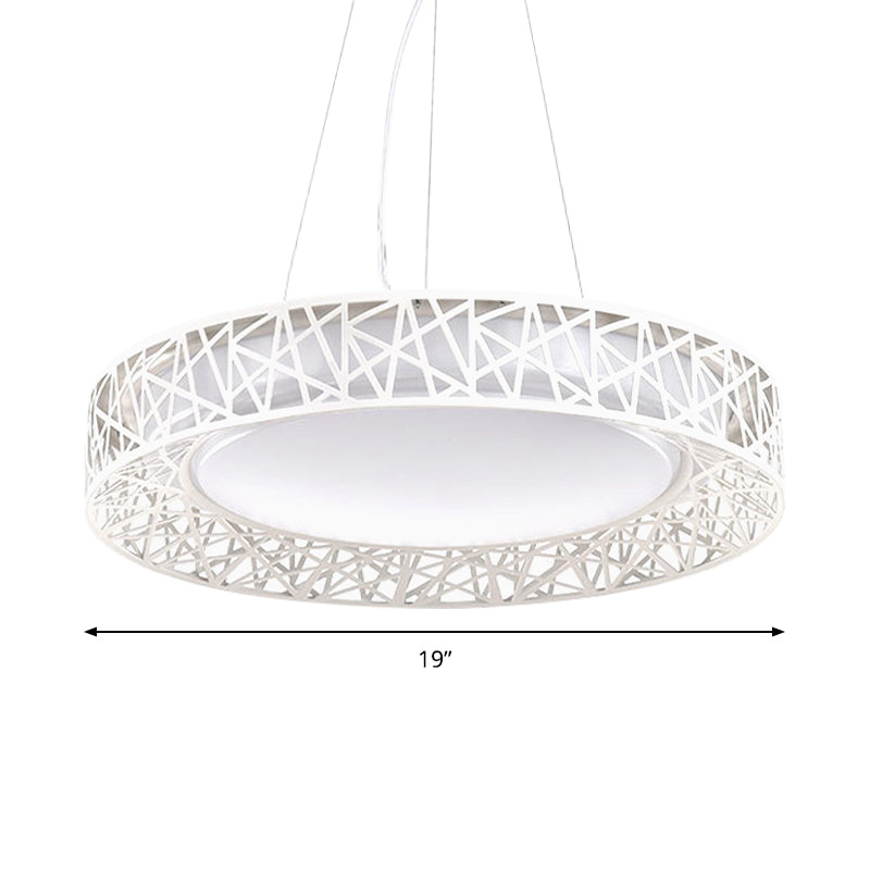 Drum Hanging Pendant Light Nordic Metal LED White Ceiling Light with Hollow Design in White/Warm/Natural Light, 12"/15"/19" Wide Clearhalo 'Ceiling Lights' 'Modern Pendants' 'Modern' 'Pendant Lights' 'Pendants' Lighting' 158937