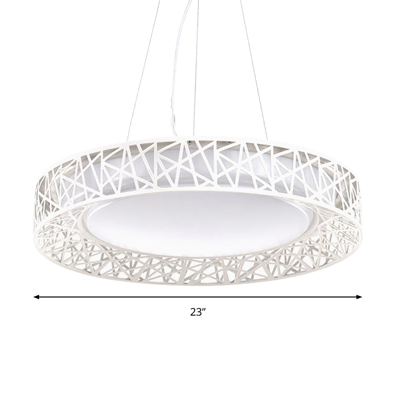 Drum Hanging Pendant Light Nordic Metal LED White Ceiling Light with Hollow Design in White/Warm/Natural Light, 12"/15"/19" Wide Clearhalo 'Ceiling Lights' 'Modern Pendants' 'Modern' 'Pendant Lights' 'Pendants' Lighting' 158938