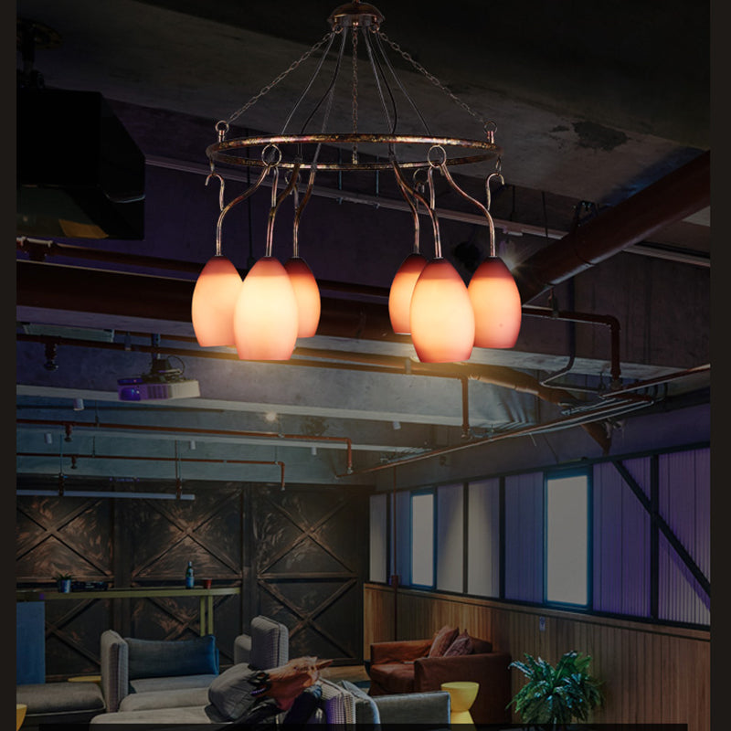 6 Lights Ring Hanging Light with Pink Melon Shade Antique Glass Chandelier for Cafe Clearhalo 'Ceiling Lights' 'Chandeliers' Lighting' options 158997