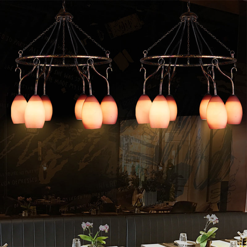 6 Lights Ring Hanging Light with Pink Melon Shade Antique Glass Chandelier for Cafe Clearhalo 'Ceiling Lights' 'Chandeliers' Lighting' options 158998