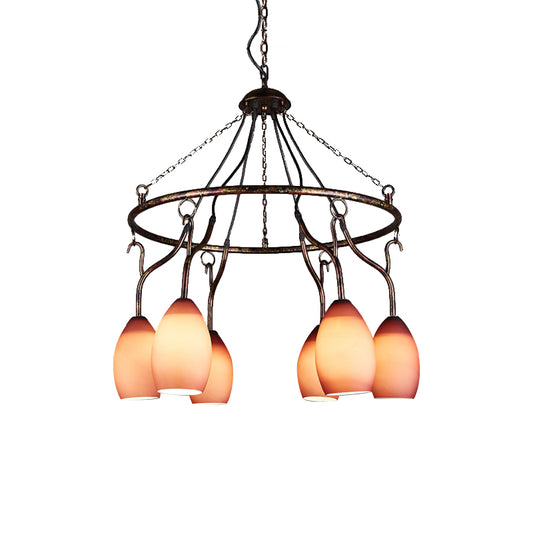 6 Lights Ring Hanging Light with Pink Melon Shade Antique Glass Chandelier for Cafe Clearhalo 'Ceiling Lights' 'Chandeliers' Lighting' options 158999