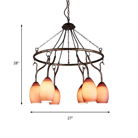 6 Lights Ring Hanging Light with Pink Melon Shade Antique Glass Chandelier for Cafe Clearhalo 'Ceiling Lights' 'Chandeliers' Lighting' options 159000