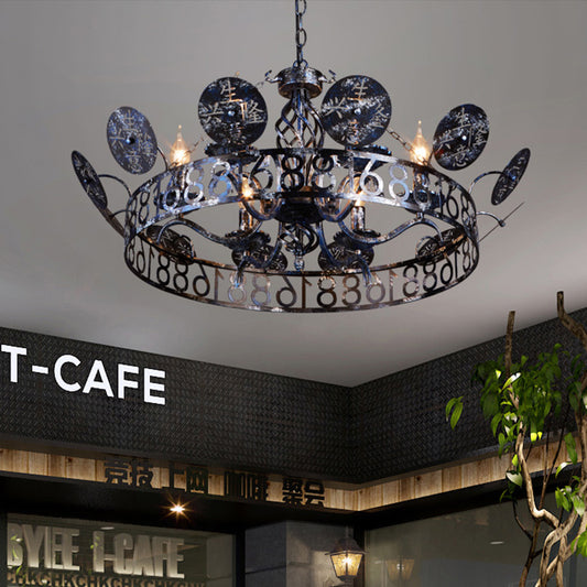 Etched Circular Coffee Shop Hanging Light Antique Wrought Iron 6 Heads Rust Chandelier Lamp with Bare Bulb Clearhalo 'Ceiling Lights' 'Chandeliers' Lighting' options 159085