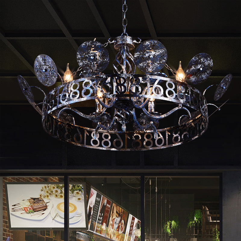 Etched Circular Coffee Shop Hanging Light Antique Wrought Iron 6 Heads Rust Chandelier Lamp with Bare Bulb Clearhalo 'Ceiling Lights' 'Chandeliers' Lighting' options 159086