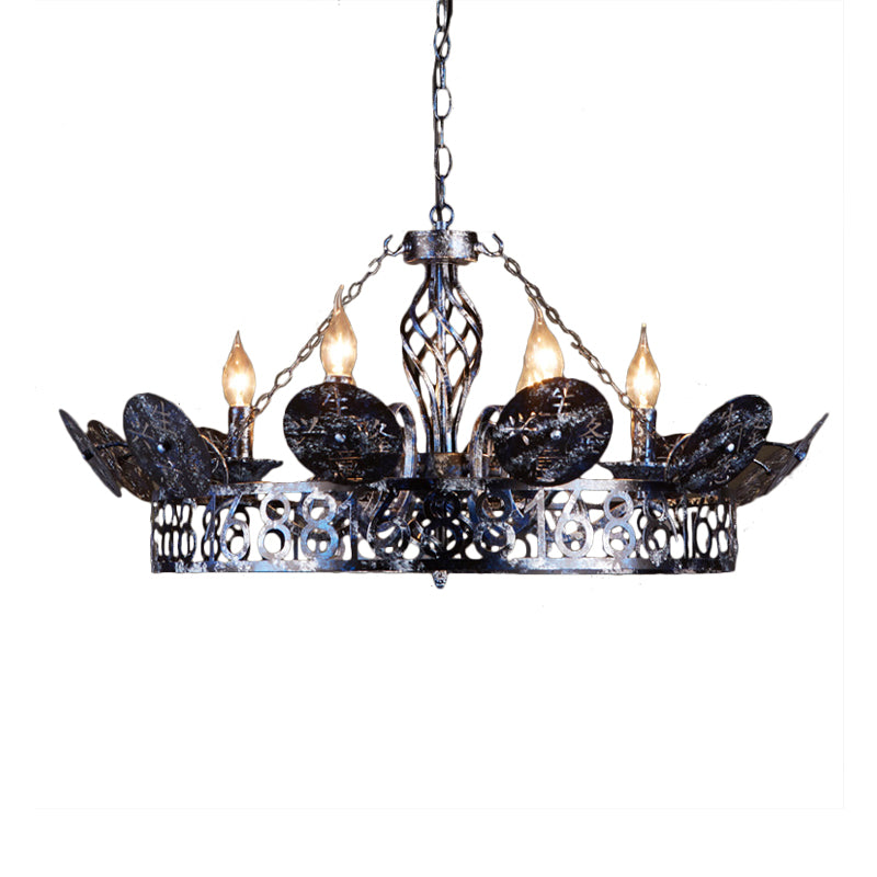 Etched Circular Coffee Shop Hanging Light Antique Wrought Iron 6 Heads Rust Chandelier Lamp with Bare Bulb Clearhalo 'Ceiling Lights' 'Chandeliers' Lighting' options 159087