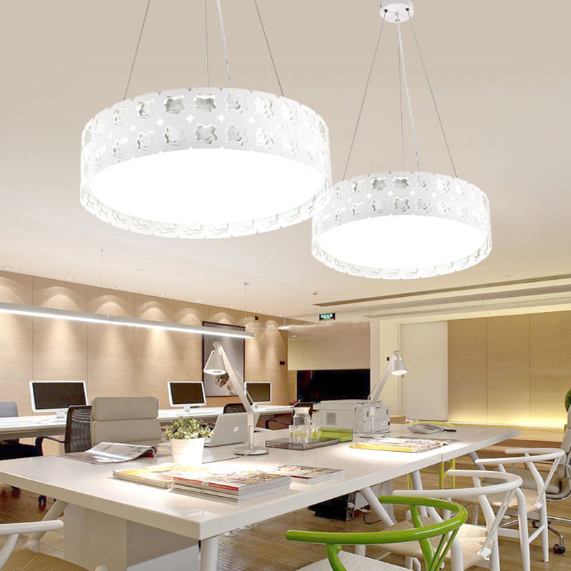 Etched Flower Drum Pendant Light Contemporary Metal LED White Suspension Lamp in White/Warm Light, 14"/19" Wide White Clearhalo 'Ceiling Lights' 'Pendant Lights' 'Pendants' Lighting' 159096_0310a26d-278d-49fd-a06f-e9d359d8ac94