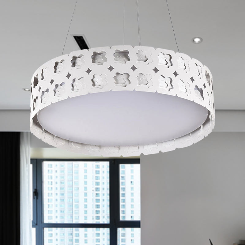 Etched Flower Drum Pendant Light Contemporary Metal LED White Suspension Lamp in White/Warm Light, 14"/19" Wide Clearhalo 'Ceiling Lights' 'Pendant Lights' 'Pendants' Lighting' 159097