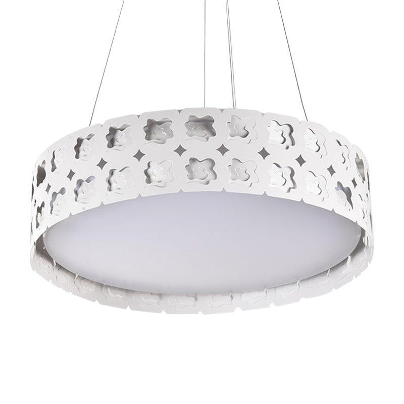 Etched Flower Drum Pendant Light Contemporary Metal LED White Suspension Lamp in White/Warm Light, 14"/19" Wide Clearhalo 'Ceiling Lights' 'Pendant Lights' 'Pendants' Lighting' 159098