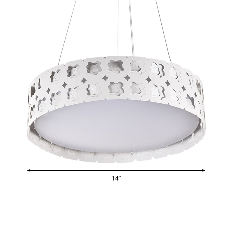 Etched Flower Drum Pendant Light Contemporary Metal LED White Suspension Lamp in White/Warm Light, 14"/19" Wide Clearhalo 'Ceiling Lights' 'Pendant Lights' 'Pendants' Lighting' 159099