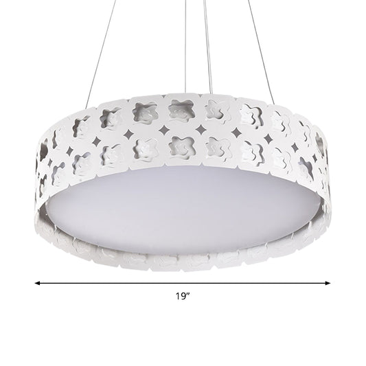 Etched Flower Drum Pendant Light Contemporary Metal LED White Suspension Lamp in White/Warm Light, 14"/19" Wide Clearhalo 'Ceiling Lights' 'Pendant Lights' 'Pendants' Lighting' 159100