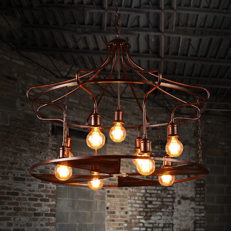 Drum Restaurant Pendant Light Metal Nine Lights Antique Stylish Chandelier in Rust Bronze Clearhalo 'Ceiling Lights' 'Chandeliers' Lighting' options 159101_0c0a1523-62be-40b4-aac5-30df29bab13a