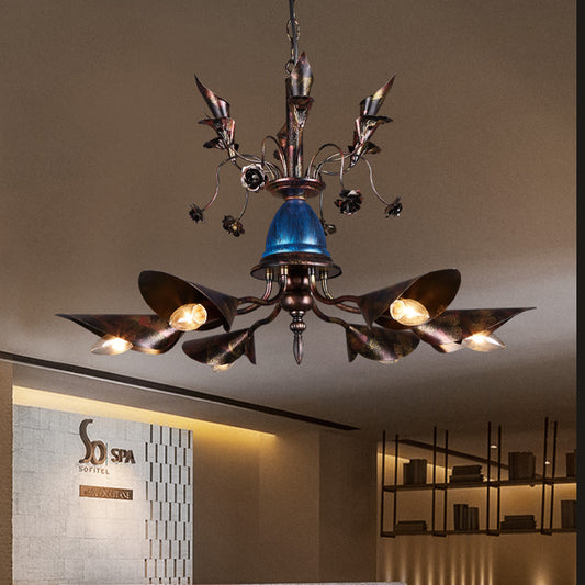 Villa Horn Shade Chandelier Metallic 6 Bulbs Classic Style Pendant Light in Rust Clearhalo 'Ceiling Lights' 'Chandeliers' Lighting' options 159137