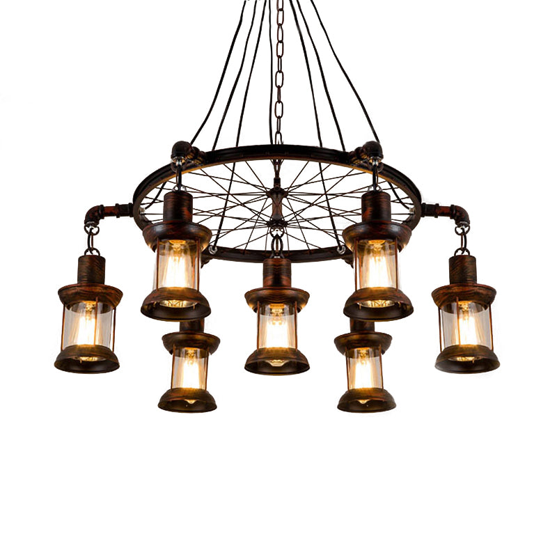 Coastal Lantern Hanging Lamp 7 Lights Clear Glass Chandelier Lighting in Rust with Wheel Clearhalo 'Ceiling Lights' 'Chandeliers' Lighting' options 159269