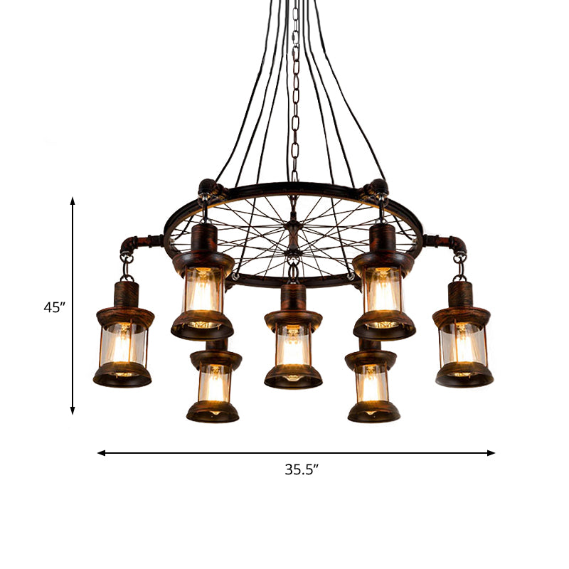 Coastal Lantern Hanging Lamp 7 Lights Clear Glass Chandelier Lighting in Rust with Wheel Clearhalo 'Ceiling Lights' 'Chandeliers' Lighting' options 159270