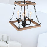 Brown Trapezoid Chandelier Lamp with Flameless Candle Farmhouse Metal and Wood 4-Light Kitchen Hanging Lamp Clearhalo 'Cast Iron' 'Ceiling Lights' 'Chandeliers' 'Industrial Chandeliers' 'Industrial' 'Metal' 'Middle Century Chandeliers' 'Rustic Chandeliers' 'Tiffany' Lighting' 159387