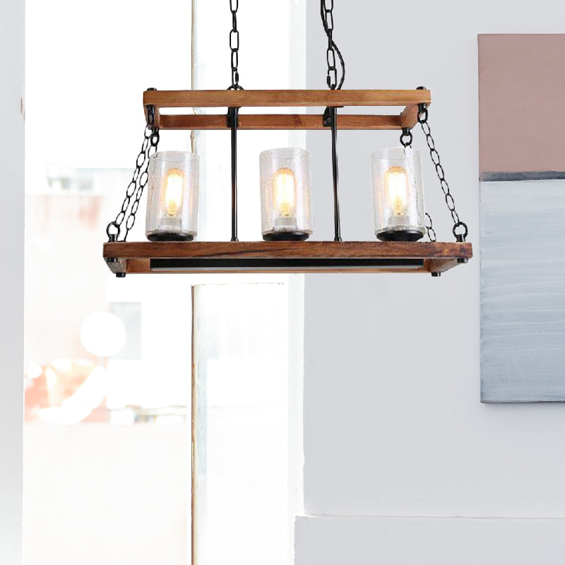 Brown Cylinder Island Light Rustic Seeded Glass 3-Bulb Living Room Hanging Lamp with Wooden Trapezoid Guard Brown Clearhalo 'Ceiling Lights' 'Island Lights' Lighting' 159404