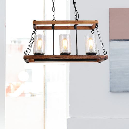 Brown Cylinder Island Light Rustic Seeded Glass 3-Bulb Living Room Hanging Lamp with Wooden Trapezoid Guard Brown Clearhalo 'Ceiling Lights' 'Island Lights' Lighting' 159404