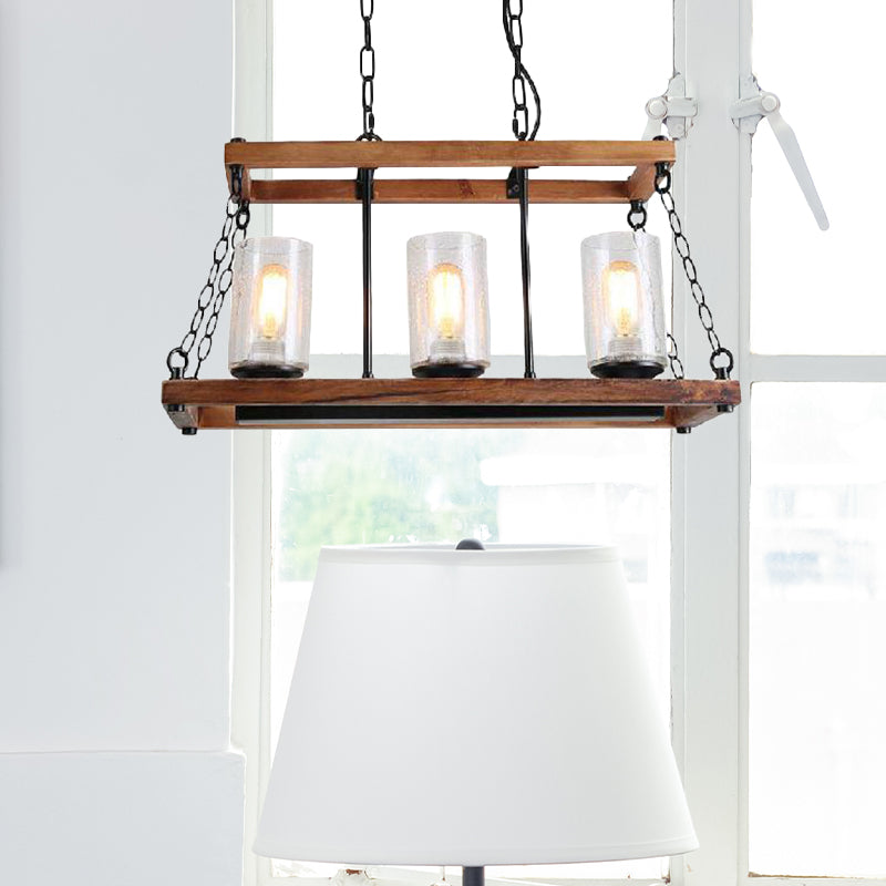 Brown Cylinder Island Light Rustic Seeded Glass 3-Bulb Living Room Hanging Lamp with Wooden Trapezoid Guard Clearhalo 'Ceiling Lights' 'Island Lights' Lighting' 159405