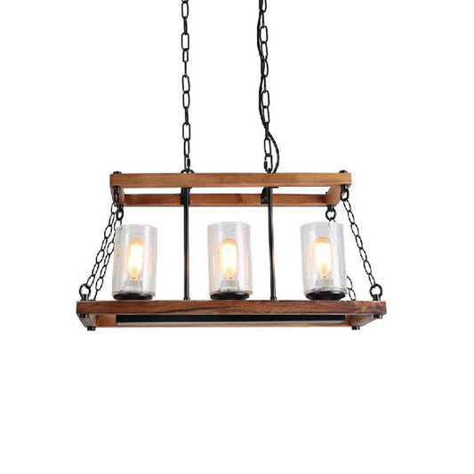Brown Cylinder Island Light Rustic Seeded Glass 3-Bulb Living Room Hanging Lamp with Wooden Trapezoid Guard Clearhalo 'Ceiling Lights' 'Island Lights' Lighting' 159406