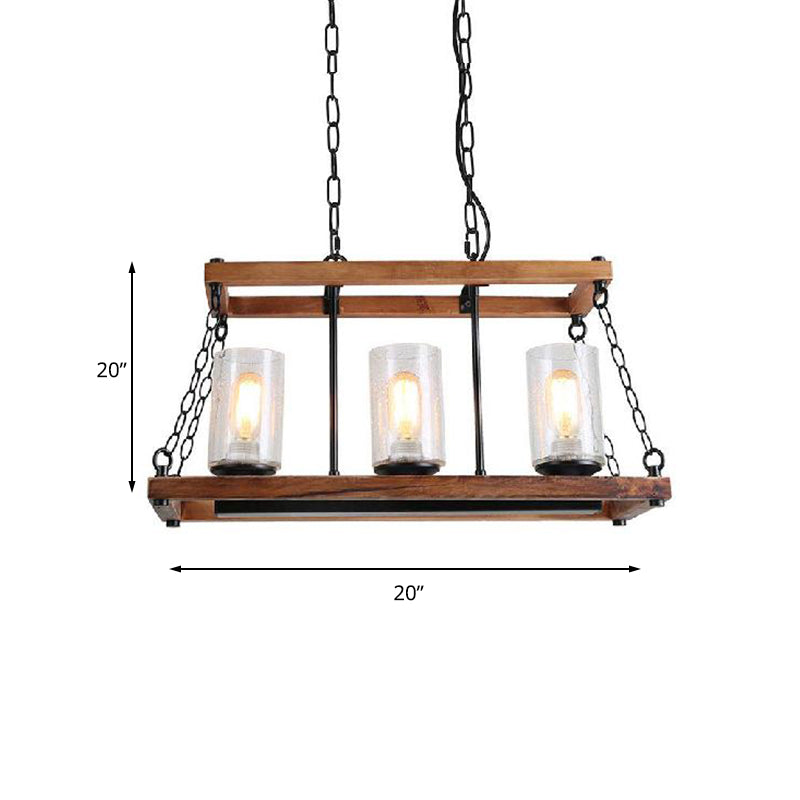 Brown Cylinder Island Light Rustic Seeded Glass 3-Bulb Living Room Hanging Lamp with Wooden Trapezoid Guard Clearhalo 'Ceiling Lights' 'Island Lights' Lighting' 159407