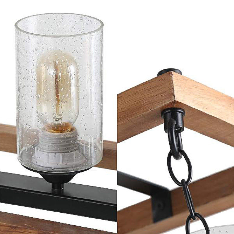 Brown Cylinder Island Light Rustic Seeded Glass 3-Bulb Living Room Hanging Lamp with Wooden Trapezoid Guard Clearhalo 'Ceiling Lights' 'Island Lights' Lighting' 159408