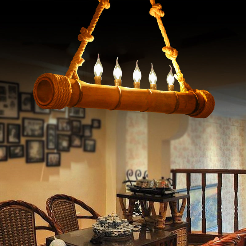 Beige Bamboo Shape Hanging Light with Candle 5 Lights Rustic Wood Chandelier for Cottage Wood Clearhalo 'Ceiling Lights' 'Chandeliers' Lighting' options 159441_59663f96-2cb6-4482-92f3-c15081584d9f