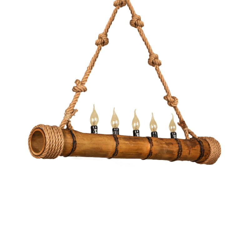 Beige Bamboo Shape Hanging Light with Candle 5 Lights Rustic Wood Chandelier for Cottage Clearhalo 'Ceiling Lights' 'Chandeliers' Lighting' options 159443