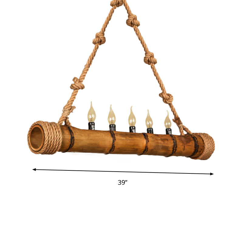 Beige Bamboo Shape Hanging Light with Candle 5 Lights Rustic Wood Chandelier for Cottage Clearhalo 'Ceiling Lights' 'Chandeliers' Lighting' options 159444