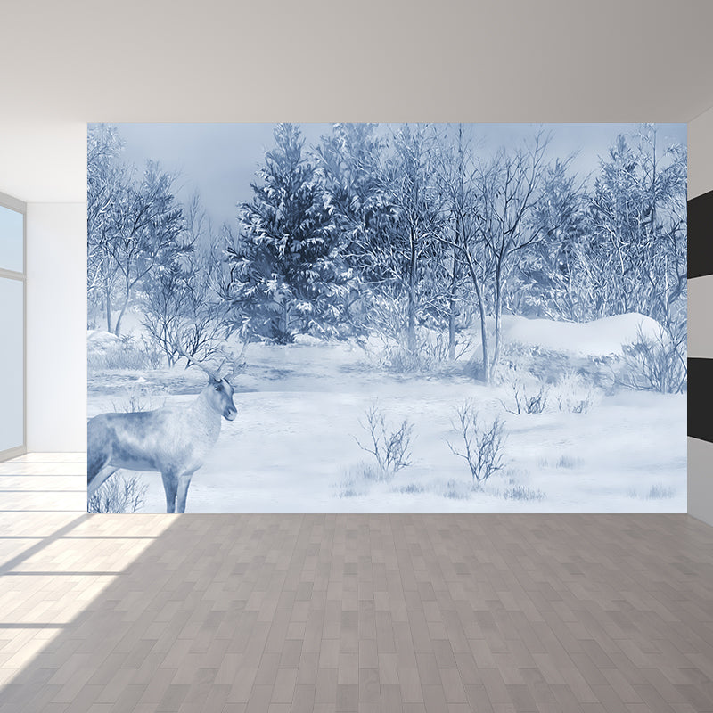 White Winter Reindeer Mural Wallpaper Forest Modern Washable Wall Covering for Kitchen White Clearhalo 'Wall Decor' 'Wall Mural' 1595320