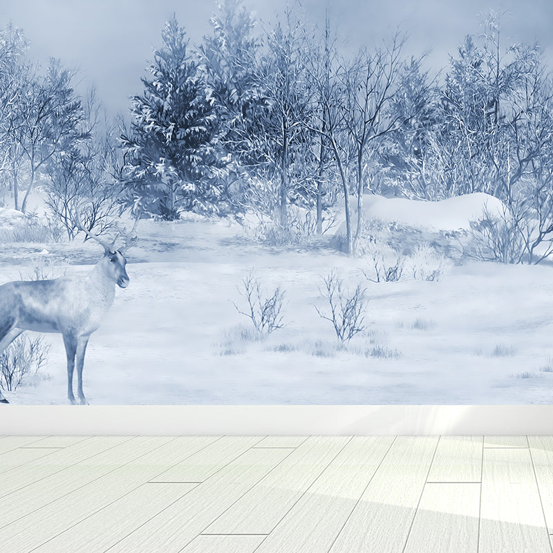 White Winter Reindeer Mural Wallpaper Forest Modern Washable Wall Covering for Kitchen Clearhalo 'Wall Decor' 'Wall Mural' 1595321