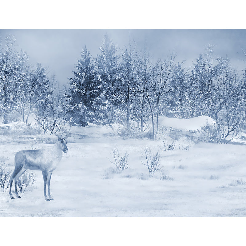 White Winter Reindeer Mural Wallpaper Forest Modern Washable Wall Covering for Kitchen Clearhalo 'Wall Decor' 'Wall Mural' 1595323