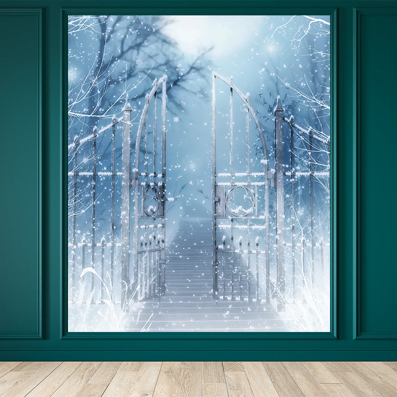 Non-Woven Cloth Decorative Mural Modern Winter Front Gate Snowscape Wall Covering Blue Clearhalo 'Wall Decor' 'Wall Mural' 1595795