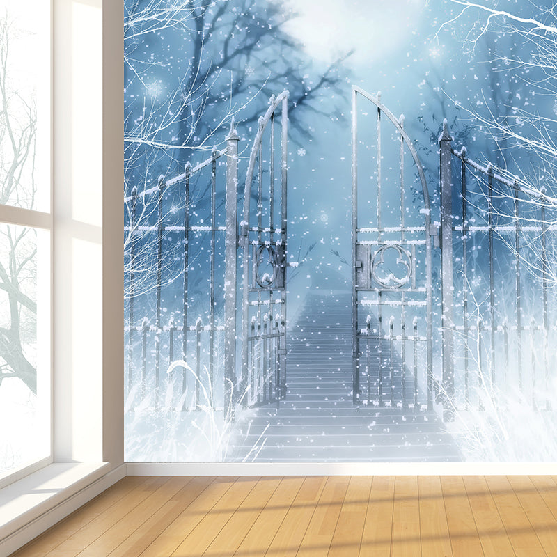 Non-Woven Cloth Decorative Mural Modern Winter Front Gate Snowscape Wall Covering Clearhalo 'Wall Decor' 'Wall Mural' 1595797