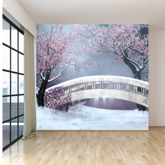 Stain-Proof Flower and Bridge Mural Non-Woven Texture Modern Wall Art for Guest Room Clearhalo 'Wall Decor' 'Wall Mural' 1595856