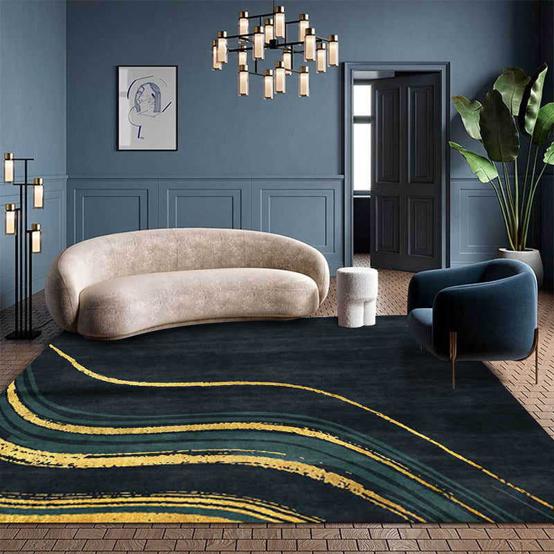 Contemporary Swirl Lines Pattern Rug Dark Green and Golden Polyester Rug Machine Washable Non-Slip Area Rug for Bedroom Clearhalo 'Area Rug' 'Modern' 'Rugs' Rug' 1596441