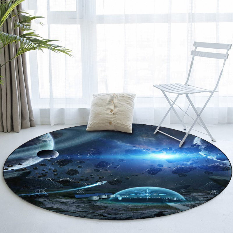 Modern Living Room Rug in Black and White Outer Space Planet Meteorite Print Rug Polyester Washable Non-Slip Area Rug Aurora Blue Clearhalo 'Area Rug' 'Modern' 'Rugs' Rug' 1596858