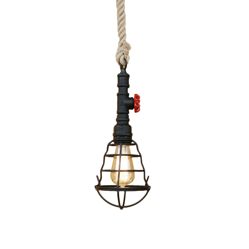 Vintage Caged Pendant Light 1 Light Metal Hanging Light with Pipe and Rope Cord in Black Finish for Bar Black Clearhalo 'Art Deco Pendants' 'Black' 'Cast Iron' 'Ceiling Lights' 'Ceramic' 'Crystal' 'Industrial Pendants' 'Industrial' 'Metal' 'Middle Century Pendants' 'Pendant Lights' 'Pendants' 'Rustic Pendants' 'Tiffany' Lighting' 159709