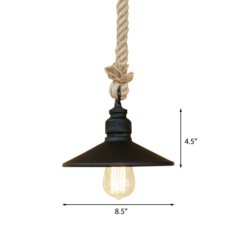 Black 1 Bulb Pendant Lamp Antique Stylish Metallic Cone Shade Hanging Light with Rope for Farmhouse Clearhalo 'Art Deco Pendants' 'Black' 'Cast Iron' 'Ceiling Lights' 'Ceramic' 'Crystal' 'Industrial Pendants' 'Industrial' 'Metal' 'Middle Century Pendants' 'Pendant Lights' 'Pendants' 'Rustic Pendants' 'Tiffany' Lighting' 159761