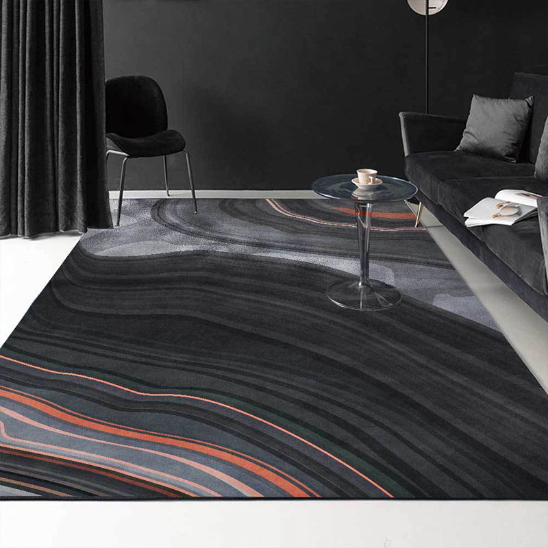 Black and Grey Modern Rug Polyester Swirl Stripe Pattern Rug Washable Non-Slip Backing Carpet for Living Room Black Clearhalo 'Area Rug' 'Modern' 'Rugs' Rug' 1597681