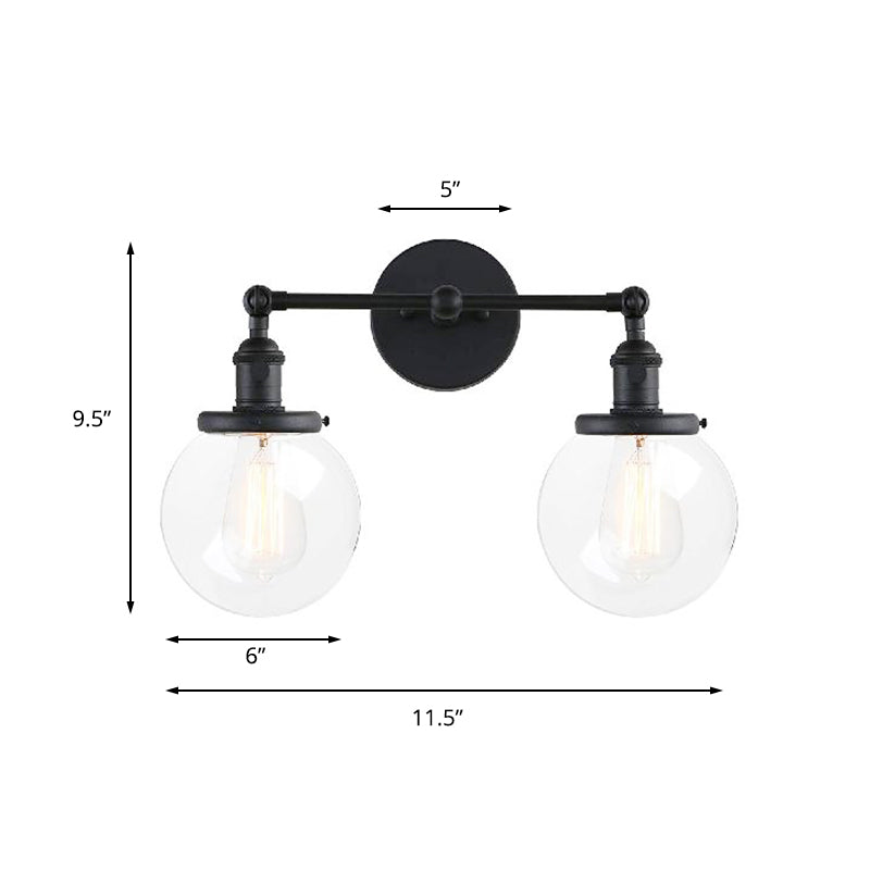 Round Living Room Wall Light Fixture Industrial Clear Glass 2-Light Black/Brass Sconce Lamp for Study Room Clearhalo 'Cast Iron' 'Glass' 'Industrial wall lights' 'Industrial' 'Middle century wall lights' 'Modern' 'Tiffany' 'Traditional wall lights' 'Wall Lamps & Sconces' 'Wall Lights' Lighting' 159813