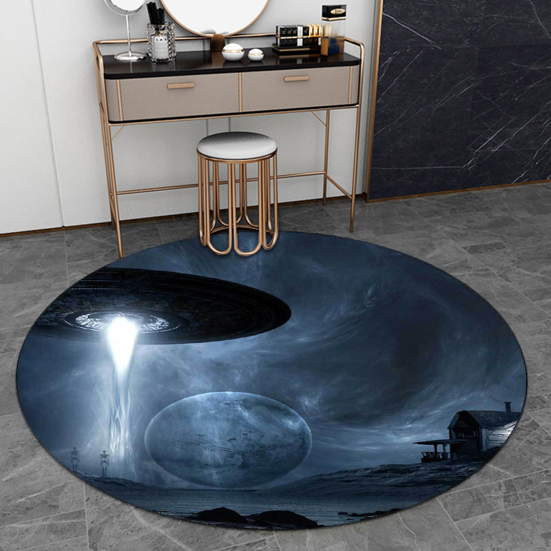 Blue Bedroom Rug Modern Outer Space Spaceship Pattern Area Rug Polyester Machine Washable Carpet Dark Blue Clearhalo 'Area Rug' 'Modern' 'Rugs' Rug' 1598177