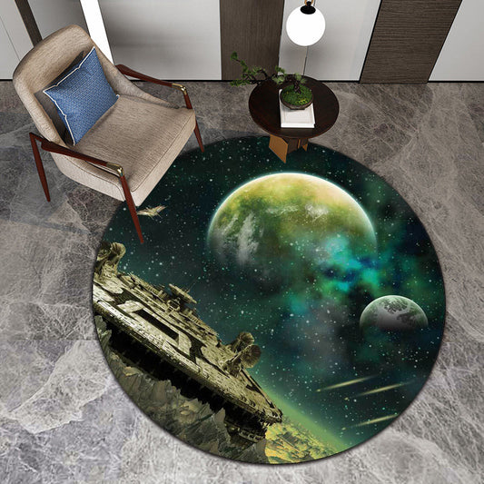 Green Bedroom Rug Modern Outer Space Galaxy Spacecraft Planet Pattern Area Rug Polyester Non-Slip Carpet Blackish Green Clearhalo 'Area Rug' 'Modern' 'Rugs' Rug' 1598201