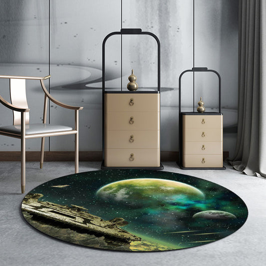Green Bedroom Rug Modern Outer Space Galaxy Spacecraft Planet Pattern Area Rug Polyester Non-Slip Carpet Clearhalo 'Area Rug' 'Modern' 'Rugs' Rug' 1598202