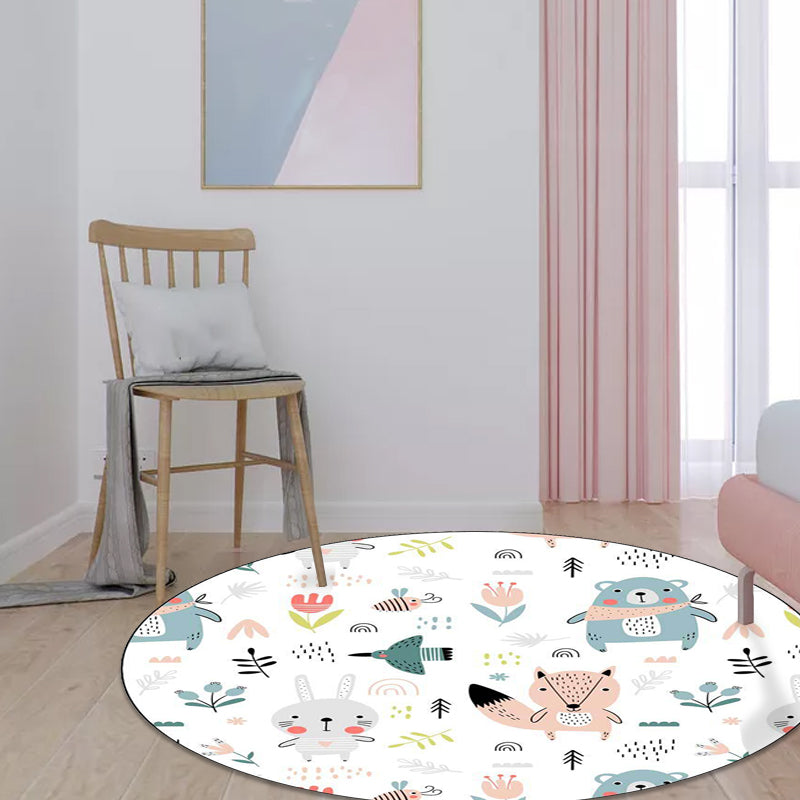 White Child's Room Rug Kids Animal Rabbit Fox Bear Floral Pattern Area Rug Polyester Anti-Slip Backing Carpet White Clearhalo 'Area Rug' 'Rug' 1598249