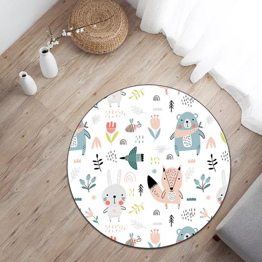 White Child's Room Rug Kids Animal Rabbit Fox Bear Floral Pattern Area Rug Polyester Anti-Slip Backing Carpet Clearhalo 'Area Rug' 'Rug' 1598250