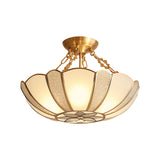 4-Head Scalloped Semi Flush Traditional Brass Opal Glass Ceiling Light Fixture with Flower Pattern and Chain Clearhalo 'Ceiling Lights' 'Close To Ceiling Lights' 'Close to ceiling' 'Glass shade' 'Glass' 'Semi-flushmount' Lighting' 1598291