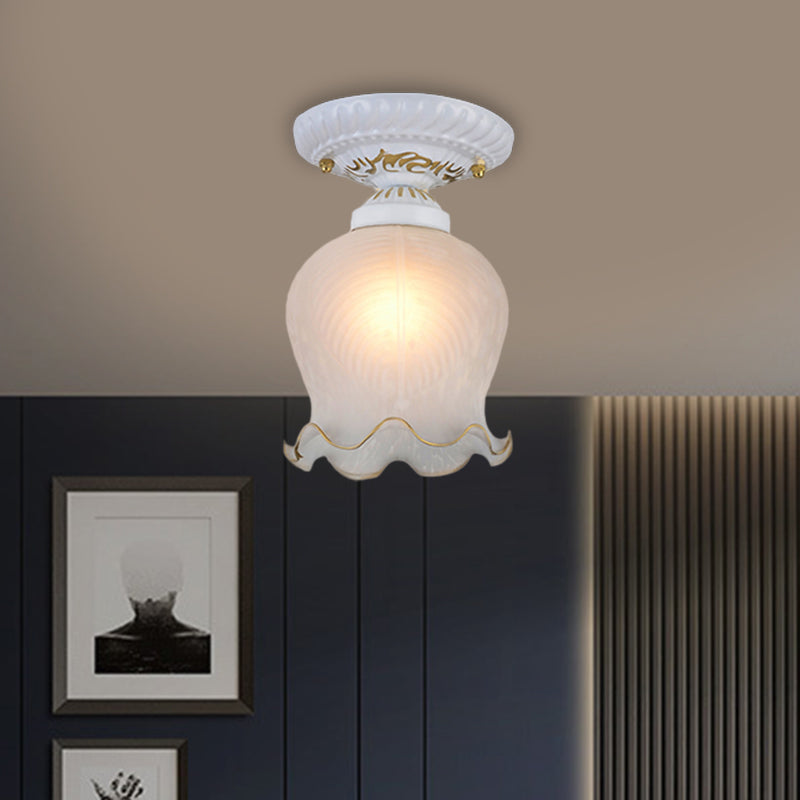 Countryside Scalloped Ceiling Flush 1 Bulb Ribbed Opal Glass Flush Light Fixture in White Clearhalo 'Ceiling Lights' 'Close To Ceiling Lights' 'Close to ceiling' 'Flush mount' Lighting' 1598305